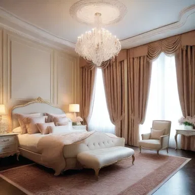 The luxurious and elegant design of the bedroom exuded a coquettish charm, creating a romantic atmosphere.
