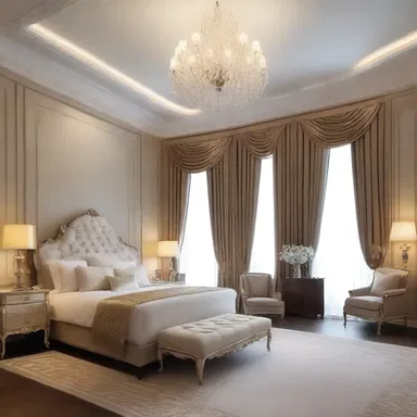 The luxurious and elegant design of the bedroom exuded a coquettish charm, creating a romantic atmosphere.