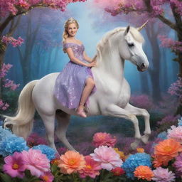 A beautiful princess inspired by the Frozen movie, riding a magnificent unicorn amidst vibrantly colored flowers in a magical forest.