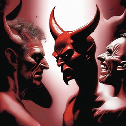 A detailed digital art image depicting the devil whispering evil into the ears of mankind