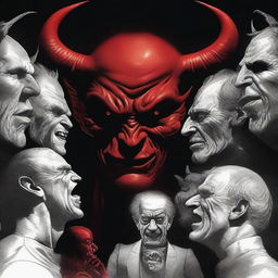 A detailed digital art image depicting the devil whispering evil into the ears of mankind