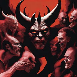 A detailed digital art image depicting the devil whispering evil into the ears of mankind