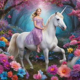 A beautiful princess inspired by the Frozen movie, riding a magnificent unicorn amidst vibrantly colored flowers in a magical forest.