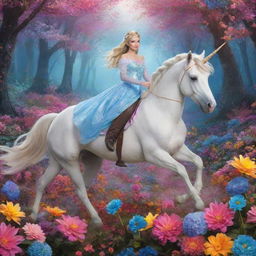 A beautiful princess inspired by the Frozen movie, riding a magnificent unicorn amidst vibrantly colored flowers in a magical forest.