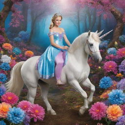 A beautiful princess inspired by the Frozen movie, riding a magnificent unicorn amidst vibrantly colored flowers in a magical forest.