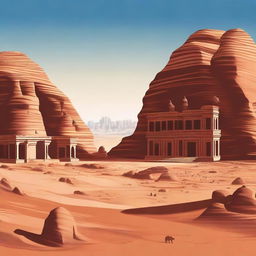 A high-quality digital art image depicting the ancient city of Madain Saleh