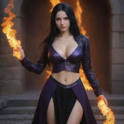 medieval beatifull, bigb boobs, sexy full body, black hair girl with purple eyes with fire aura behind, 23 years old, she is a piro controler, black clothes, sexy, piromancer, in ocation place, charmOfTheRealm, digital realist art, high detailed