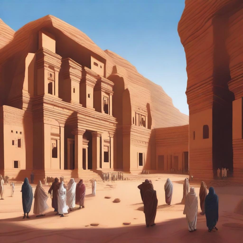 A high-quality digital art image showing the ancient city of Madain Saleh, now bustling with people