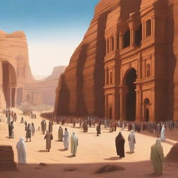 A high-quality digital art image showing the ancient city of Madain Saleh, now bustling with people