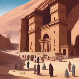 A high-quality digital art image showing the ancient city of Madain Saleh, now bustling with people