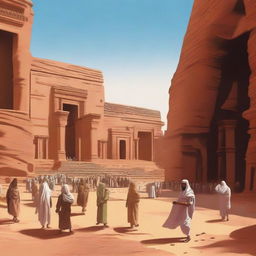 A high-quality digital art image showing the ancient city of Madain Saleh, now bustling with people