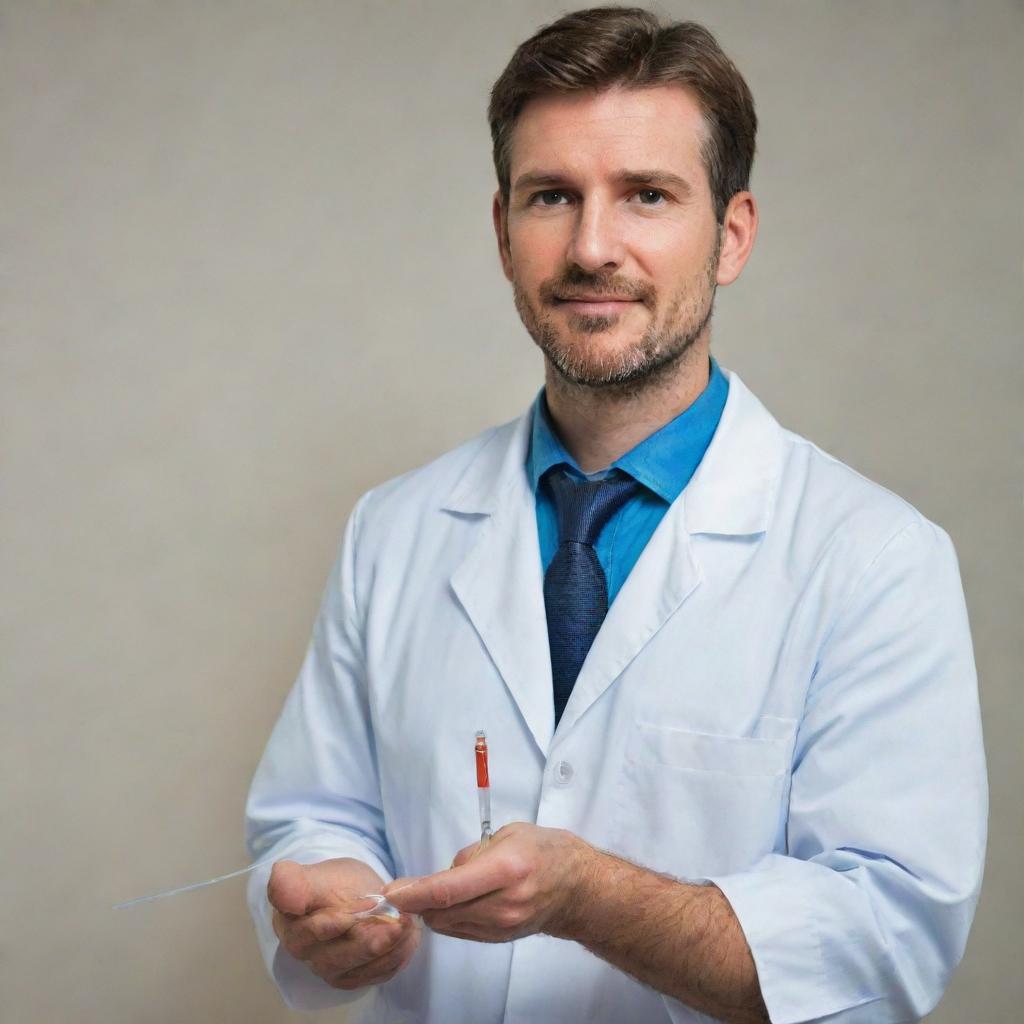 Update the previous image to depict the handsome doctor preparing to administer an intravenous (IV) needle, demonstrating an air of calm professionalism