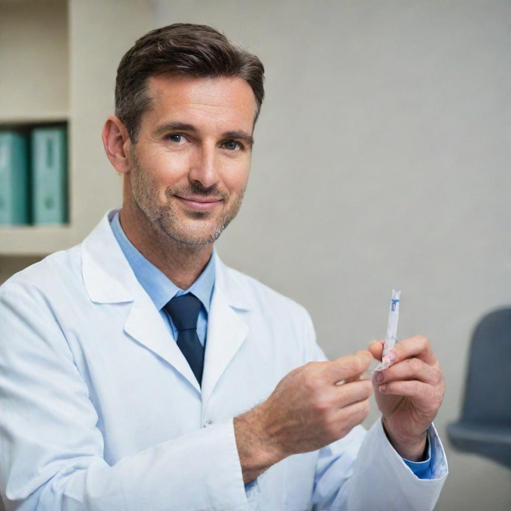 Update the previous image to depict the handsome doctor preparing to administer an intravenous (IV) needle, demonstrating an air of calm professionalism