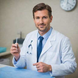 Update the previous image to depict the handsome doctor preparing to administer an intravenous (IV) needle, demonstrating an air of calm professionalism