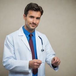 Update the previous image to depict the handsome doctor preparing to administer an intravenous (IV) needle, demonstrating an air of calm professionalism