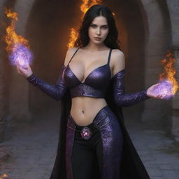 medieval beatifull, bigb boobs, sexy full body, black hair girl with purple eyes with fire aura behind, 23 years old, she is a piro controler, black clothes, sexy, piromancer, in ocation place, charmOfTheRealm, digital realist art, high detailed