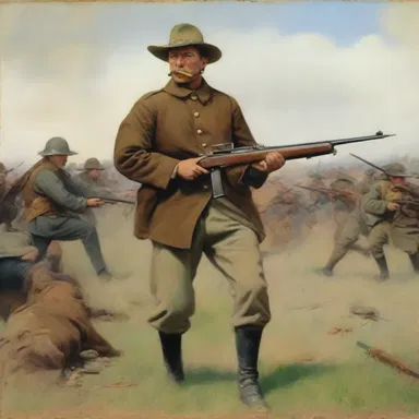 The artist's painting depicted a soldier with a muzzle-loading rifle during a battle scene.