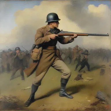 The artist's painting depicted a soldier with a muzzle-loading rifle during a battle scene.