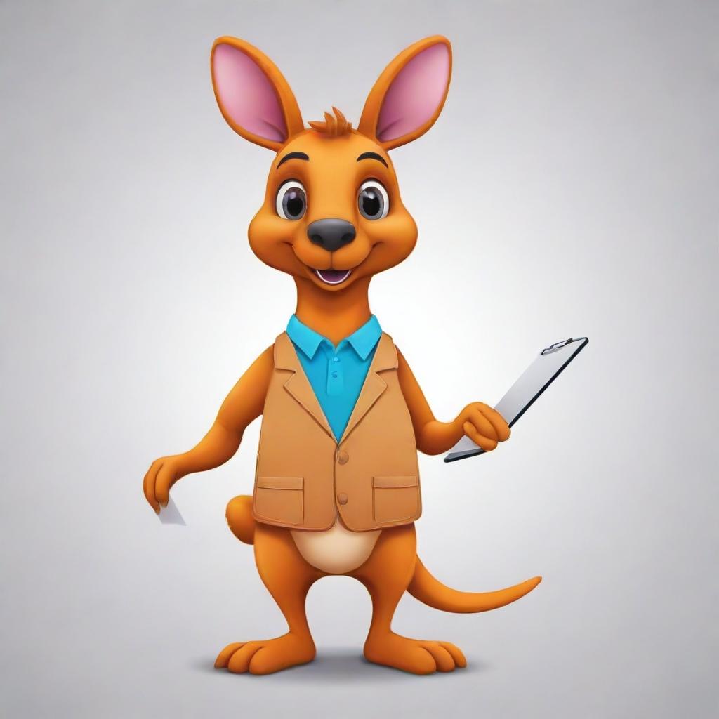 Illustrate a 2D mascot of a vibrant-colored kangaroo, who has a clipboard in its pouch. The design should be fun, striking, and friendly, making it an instant hit among viewers.