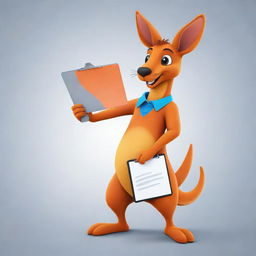 Illustrate a 2D mascot of a vibrant-colored kangaroo, who has a clipboard in its pouch. The design should be fun, striking, and friendly, making it an instant hit among viewers.