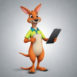 Illustrate a 2D mascot of a vibrant-colored kangaroo, who has a clipboard in its pouch. The design should be fun, striking, and friendly, making it an instant hit among viewers.