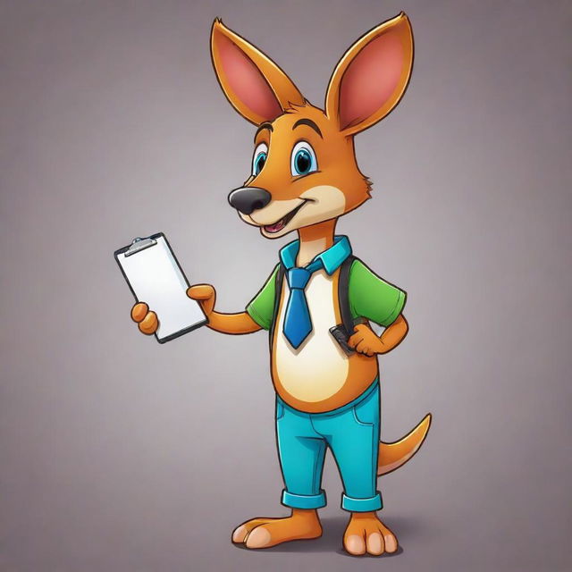 Illustrate a 2D mascot of a vibrant-colored kangaroo, who has a clipboard in its pouch. The design should be fun, striking, and friendly, making it an instant hit among viewers.