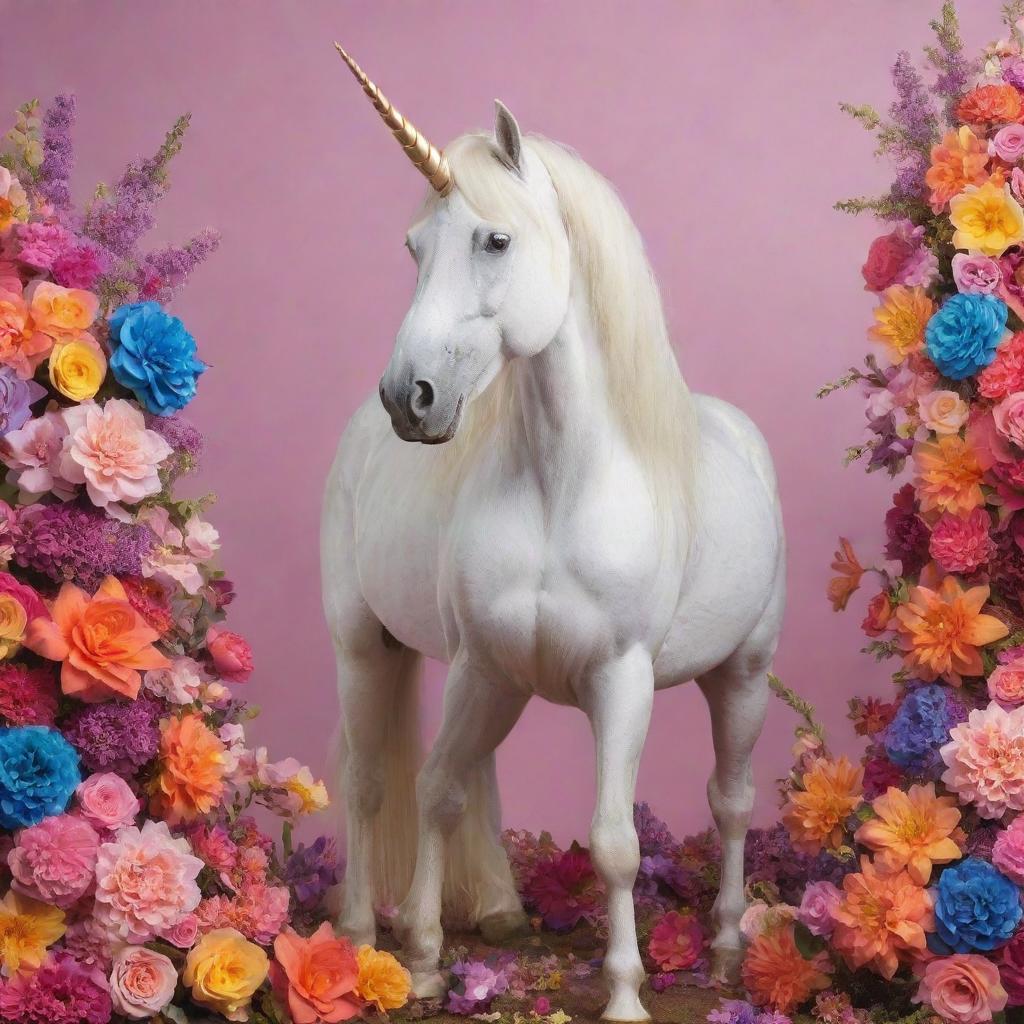 A majestic unicorn princess standing elegantly among a profusion of vibrant, enchanting flowers