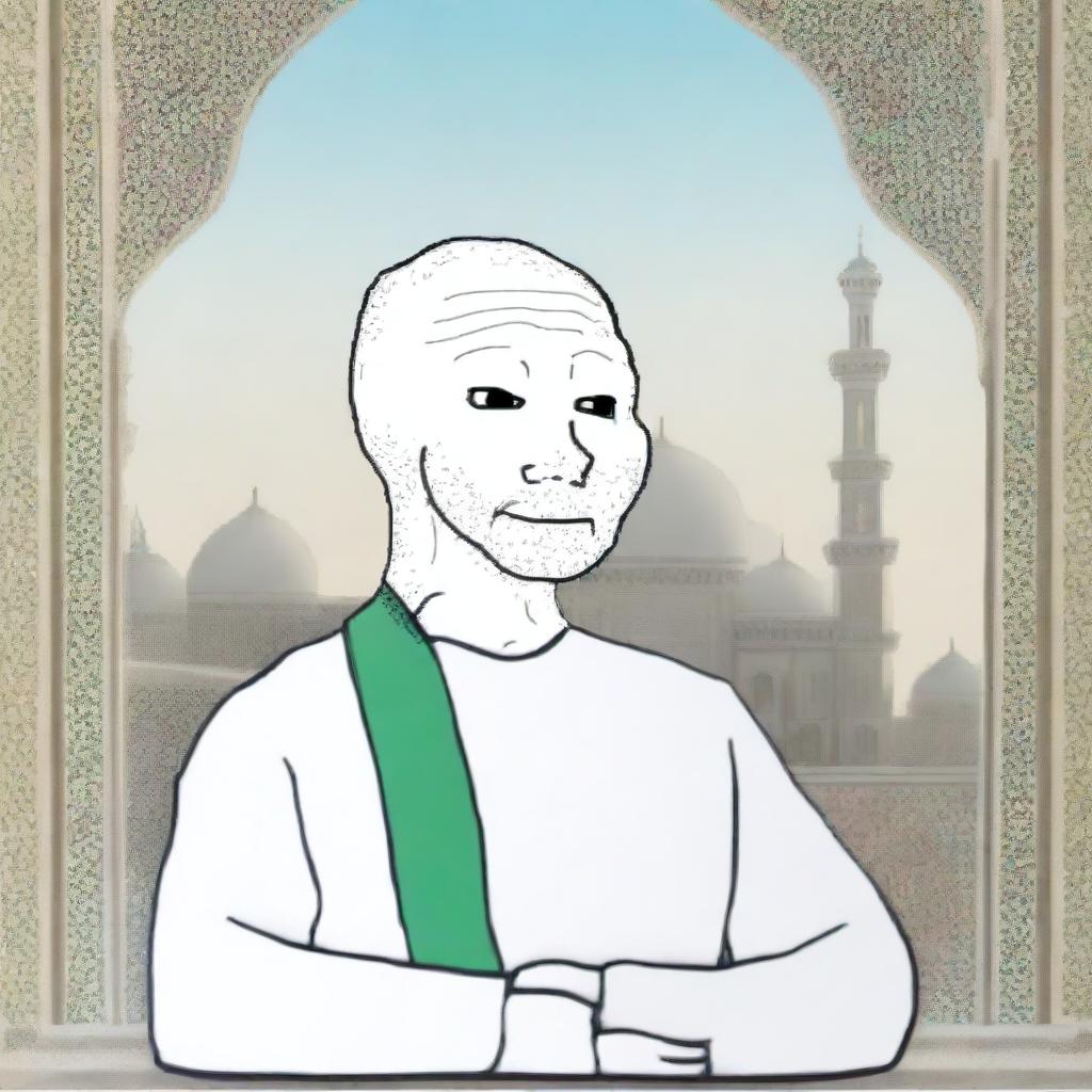 A digital art piece featuring a Wojak character in a serene and respectful Islamic setting