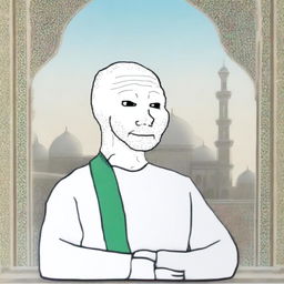 A digital art piece featuring a Wojak character in a serene and respectful Islamic setting