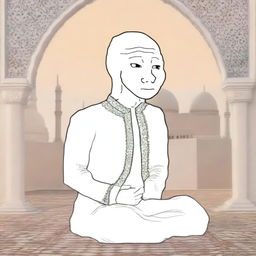 A digital art piece featuring a Wojak character in a serene and respectful Islamic setting