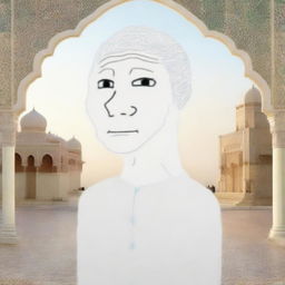 A digital art piece featuring a Wojak character in a serene and respectful Islamic setting