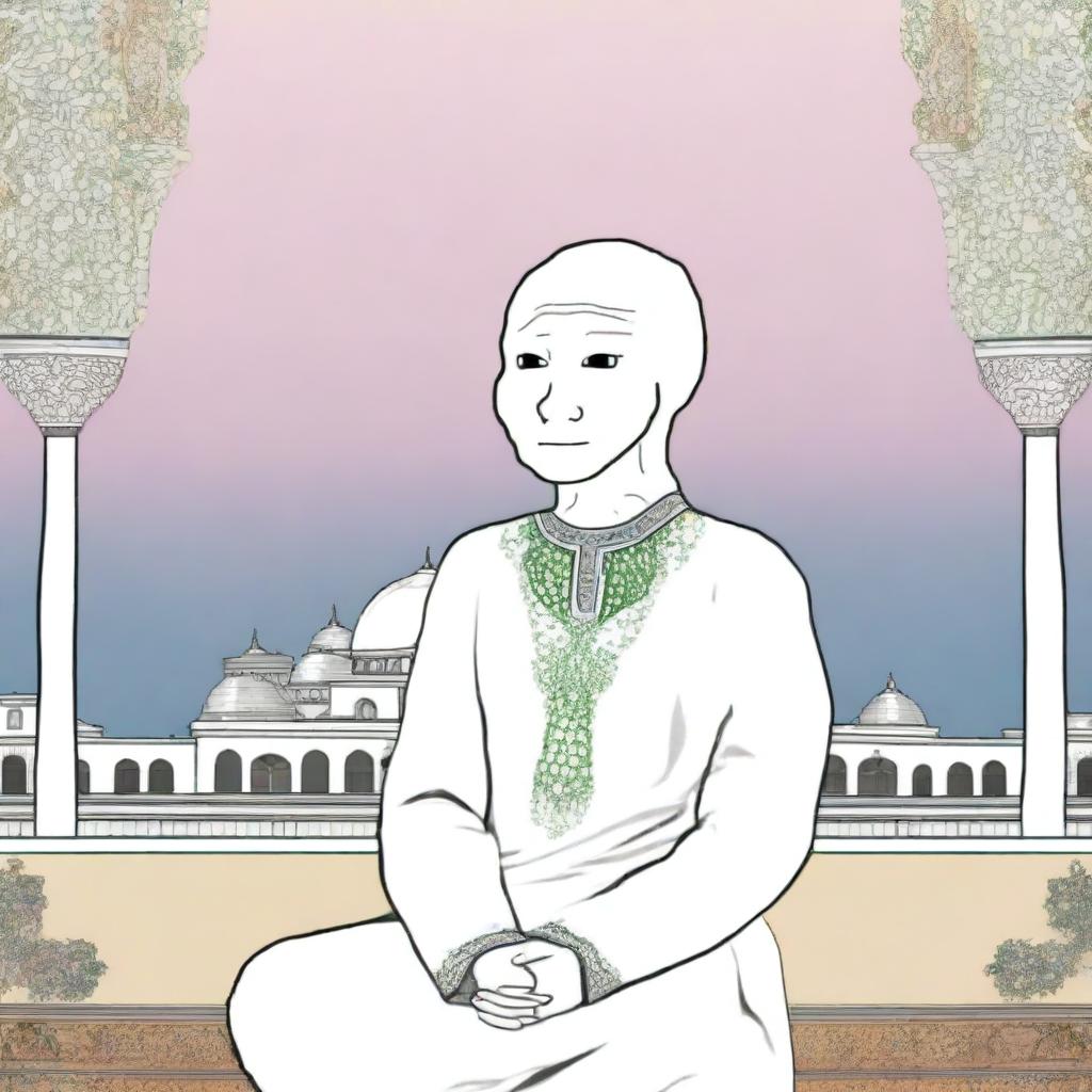 A digital art piece featuring a Wojak character in a serene and respectful Islamic setting