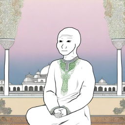 A digital art piece featuring a Wojak character in a serene and respectful Islamic setting