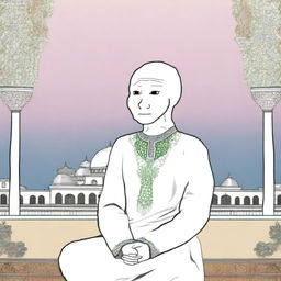 A digital art piece featuring a Wojak character in a serene and respectful Islamic setting