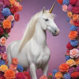 A majestic unicorn princess standing elegantly among a profusion of vibrant, enchanting flowers