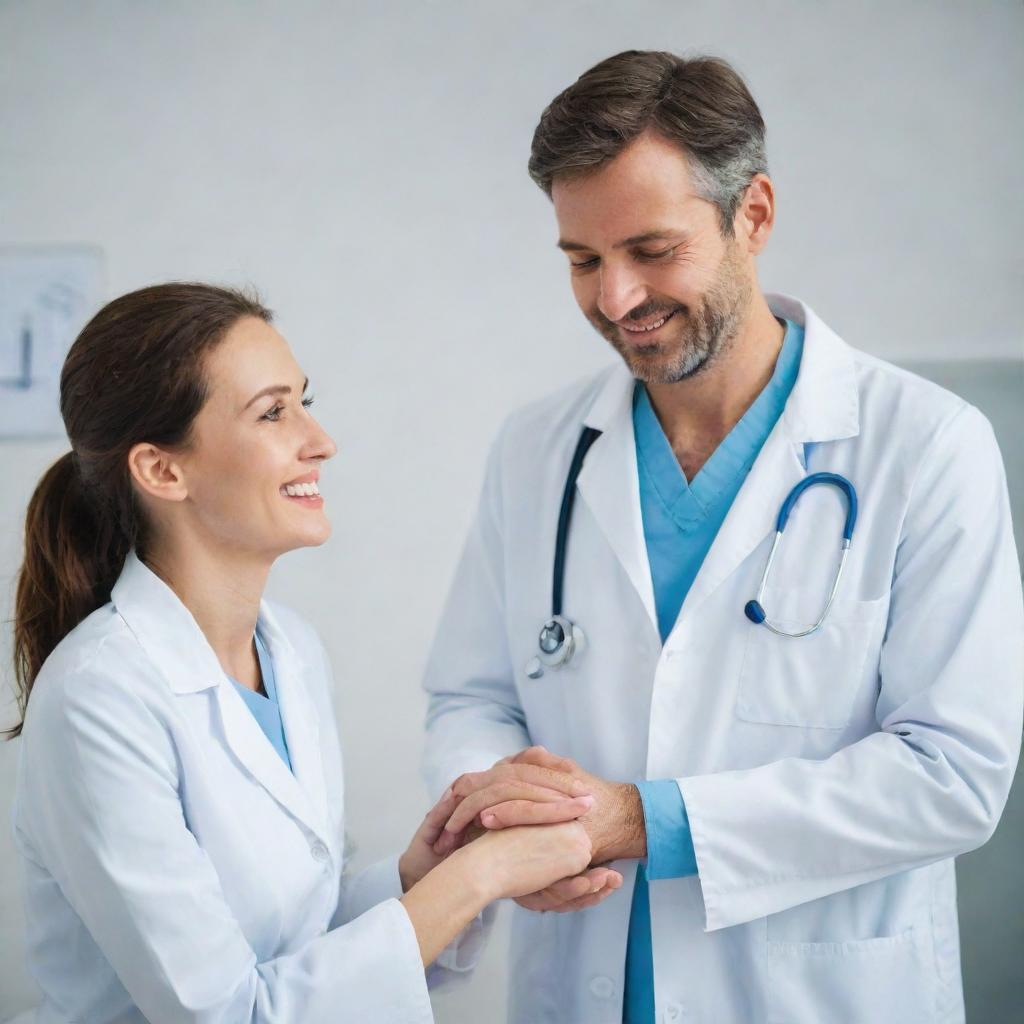 Adjust the previous image to show the considerate doctor comforting the patient, assuring them with a gentle smile and soothing eyes that it won't hurt