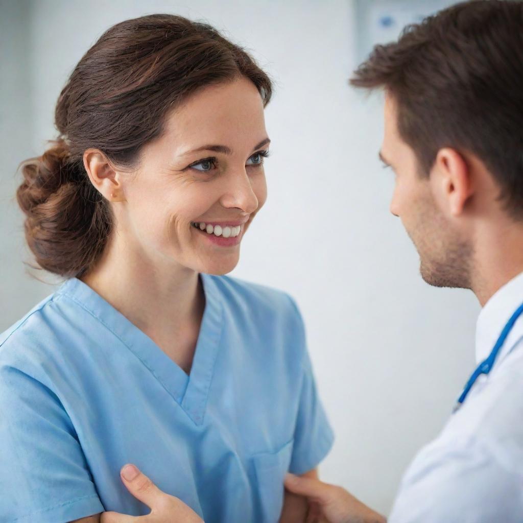 Adjust the previous image to show the considerate doctor comforting the patient, assuring them with a gentle smile and soothing eyes that it won't hurt