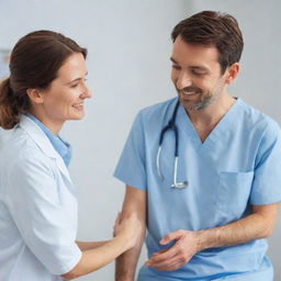 Adjust the previous image to show the considerate doctor comforting the patient, assuring them with a gentle smile and soothing eyes that it won't hurt