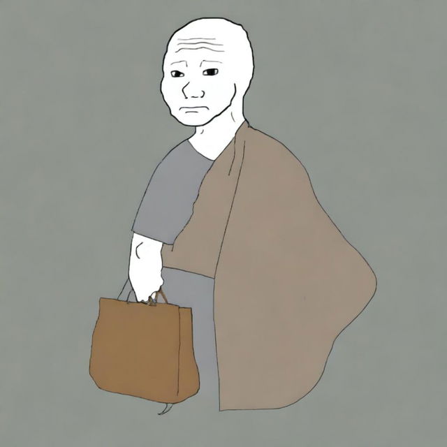 A high-quality digital art of a Wojak character depicted as a refugee, carrying a small bag of belongings, with a determined expression set against a simple background