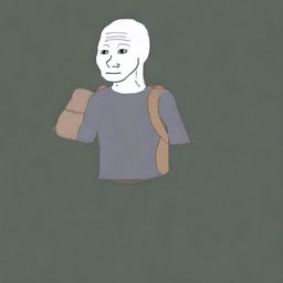 A high-quality digital art of a Wojak character depicted as a refugee, carrying a small bag of belongings, with a determined expression set against a simple background