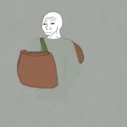 A high-quality digital art of a Wojak character depicted as a refugee, carrying a small bag of belongings, with a determined expression set against a simple background