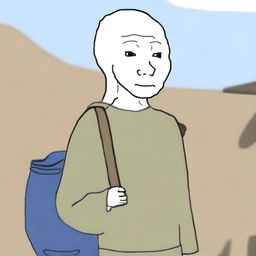 A high-quality digital art of a Wojak character depicted as a refugee, carrying a small bag of belongings, with a determined expression set against a simple background