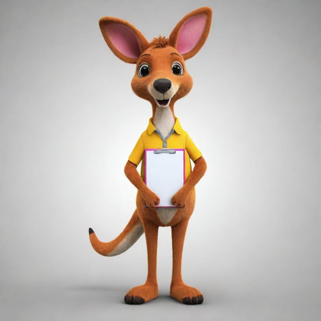 Design a 2D mascot of a kangaroo with vibrant colors. The kangaroo should showcase a fun personality, carrying a clipboard in its pouch as a unique feature.