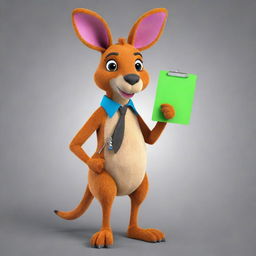 Design a 2D mascot of a kangaroo with vibrant colors. The kangaroo should showcase a fun personality, carrying a clipboard in its pouch as a unique feature.