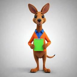 Design a 2D mascot of a kangaroo with vibrant colors. The kangaroo should showcase a fun personality, carrying a clipboard in its pouch as a unique feature.