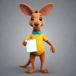 Design a 2D mascot of a kangaroo with vibrant colors. The kangaroo should showcase a fun personality, carrying a clipboard in its pouch as a unique feature.