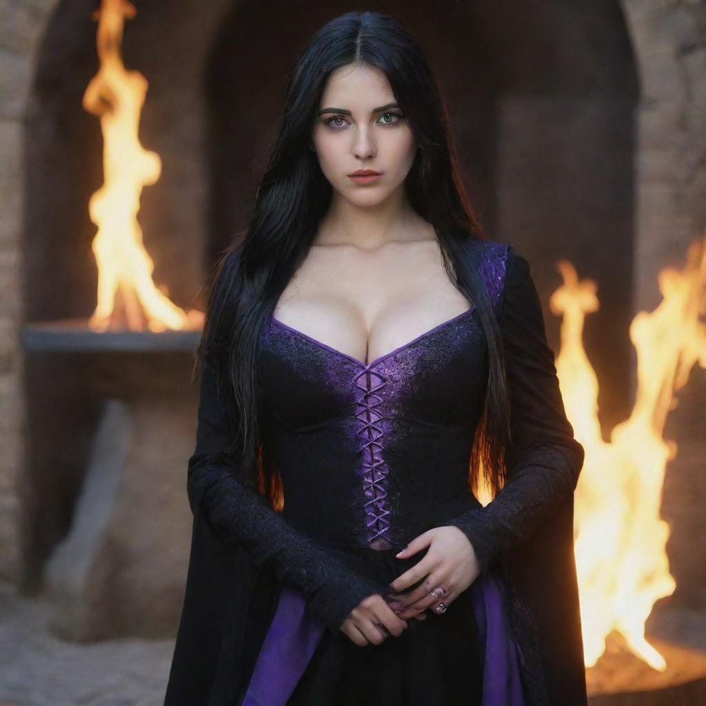 shote by sony alpha ii, medieval beatifull, bigb boobs, sexy full body, black hair girl with purple eyes with fire aura behind, 23 years old, she is a piro controler, black clothes, sexy, piromancer, in ocation place, charmOfTheRealm, hiper realist, high detailed,hd 4k