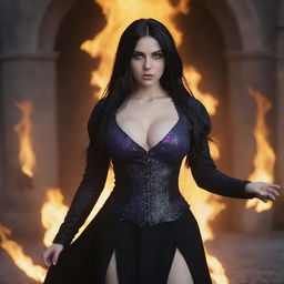 shote by sony alpha ii, medieval beatifull, bigb boobs, sexy full body, black hair girl with purple eyes with fire aura behind, 23 years old, she is a piro controler, black clothes, sexy, piromancer, in ocation place, charmOfTheRealm, hiper realist, high detailed,hd 4k