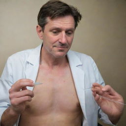 Recreate the previous image to illustrate the doctor precisely locating the vein and injecting the IV needle, while still maintaining his comforting demeanor