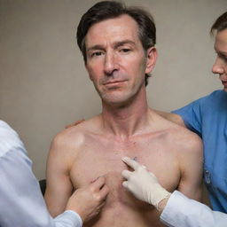 Recreate the previous image to illustrate the doctor precisely locating the vein and injecting the IV needle, while still maintaining his comforting demeanor